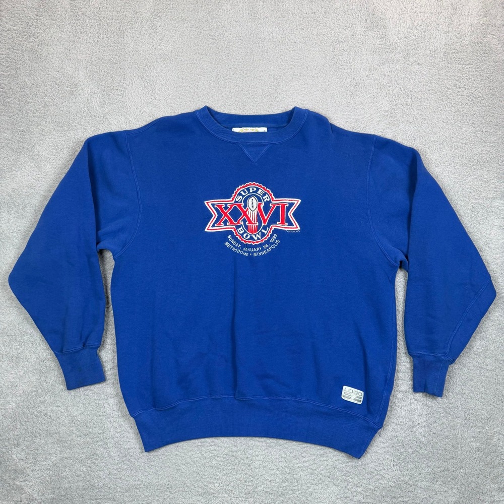 Vintage 1992 Super Bowl XXVI‎ Logo 7 Sweatshirt Mens XL Royal Blue Metrodome NFL